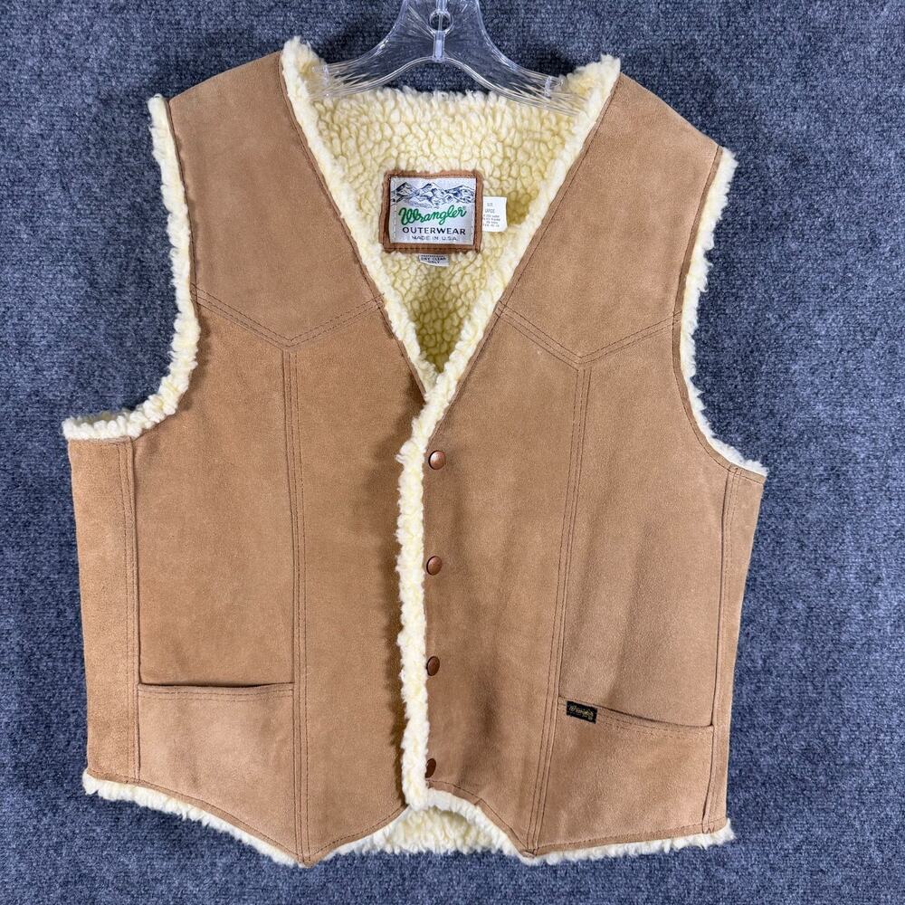 Vintage Wrangler Leather Sherpa Lined Western Vest USA Tan Men's Large L